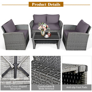 4 Pieces Patio Rattan Furniture Set Sofa Table with Storage Shelf Cushion-Gray
