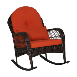 Patio Rattan Rocking Chair with Seat Back Cushions and Waist Pillow-Orange