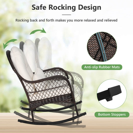 Patio Rattan Rocking Chair with Seat Back Cushions and Waist Pillow-White