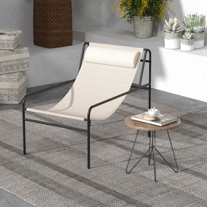 Patio Sling Lounge Chair with Removable Headrest Pillow and Metal Frame-Beige