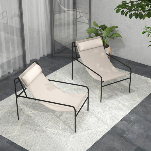 Patio Sling Lounge Chair with Removable Headrest Pillow and Metal Frame-Beige