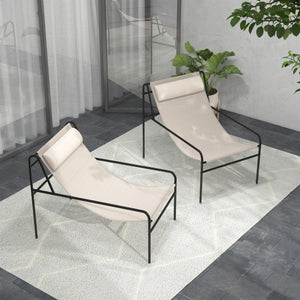 Patio Sling Lounge Chair with Removable Headrest Pillow and Metal Frame-Beige