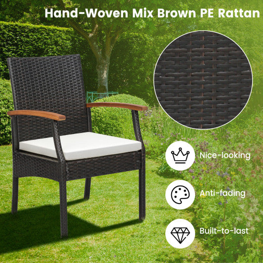 7 Pieces Patio Wicker Cushioned Dining Set with Wood Armrest and Umbrella Hole