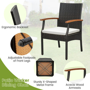7 Pieces Patio Wicker Cushioned Dining Set with Wood Armrest and Umbrella Hole