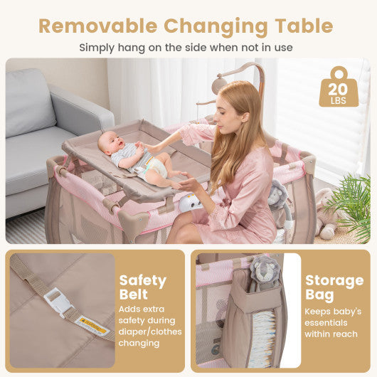 Portable Baby Playard with Changing Table Bassinet and Music Box-Pink