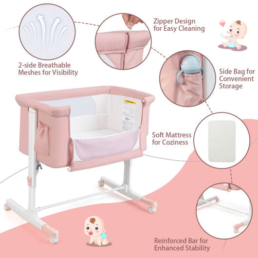 Portable Baby Bedside Bassinet with 5-level Adjustable Heights and Travel Bag-Pink