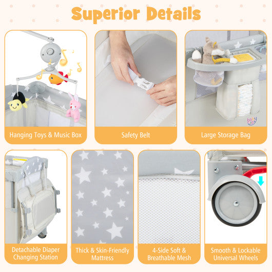 5-in-1  Portable Baby Beside Sleeper Bassinet Crib Playard with Diaper Changer-Beige