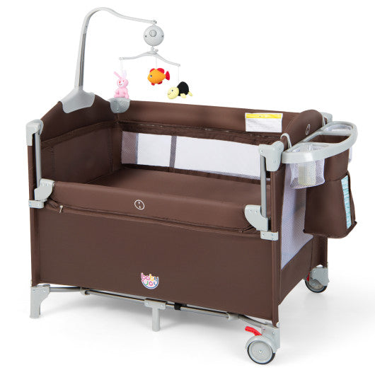 5-in-1  Portable Baby Beside Sleeper Bassinet Crib Playard with Diaper Changer-Brown