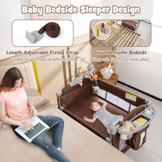 5-in-1  Portable Baby Beside Sleeper Bassinet Crib Playard with Diaper Changer-Brown
