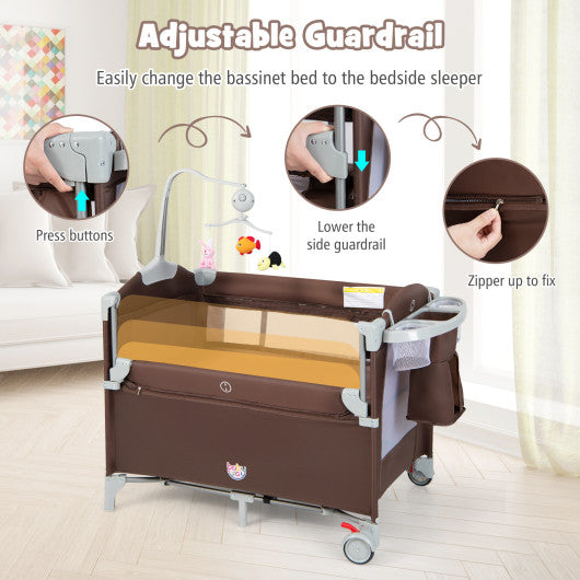 5-in-1  Portable Baby Beside Sleeper Bassinet Crib Playard with Diaper Changer-Brown