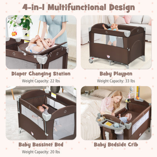 5-in-1  Portable Baby Beside Sleeper Bassinet Crib Playard with Diaper Changer-Brown