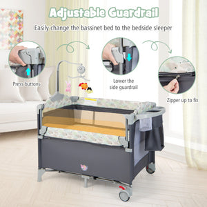 5-in-1  Portable Baby Beside Sleeper Bassinet Crib Playard with Diaper Changer-Gray