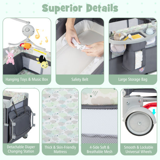 5-in-1  Portable Baby Beside Sleeper Bassinet Crib Playard with Diaper Changer-Gray