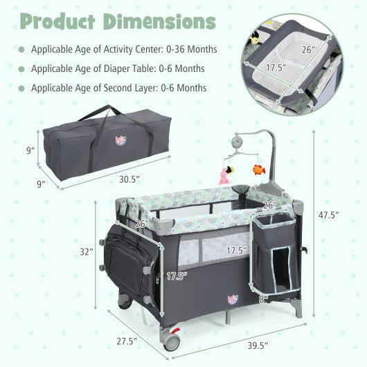 5-in-1  Portable Baby Beside Sleeper Bassinet Crib Playard with Diaper Changer-Gray