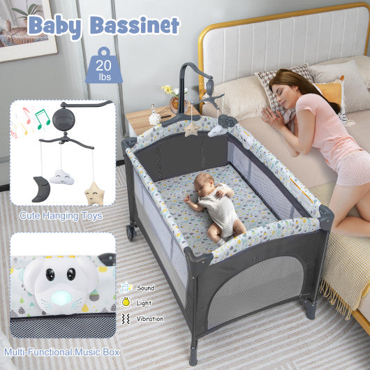 Multi-Functional Baby Playpen with Mattress and Removable Changing Table-Gray
