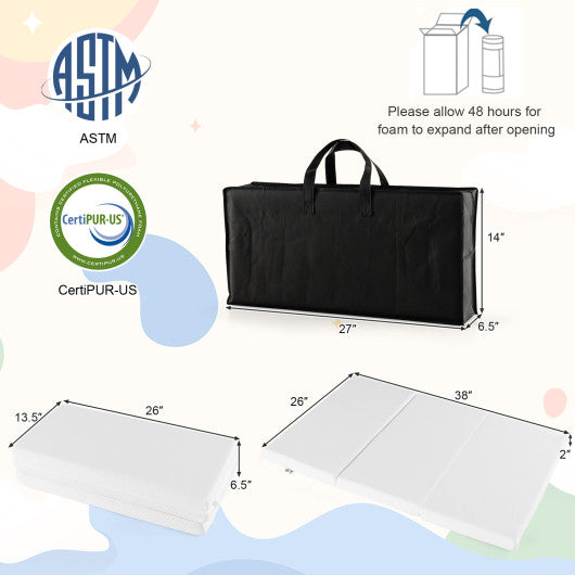 Portable Tri-fold Pack and Play Mattress Pad with Gel-Infused Memory Foam-White