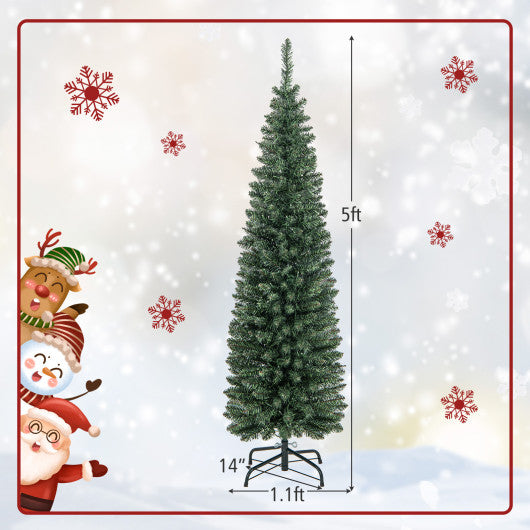 5/6/7/8/9 Feet Pre-lit Pencil Artificial Christmas Tree with 150/180/200//300/400 Warm White LED Lights-5 ft