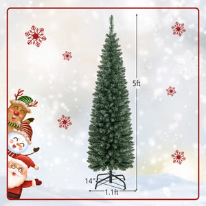 5/6/7/8/9 Feet Pre-lit Pencil Artificial Christmas Tree with 150/180/200//300/400 Warm White LED Lights-5 ft