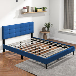 Queen Size Upholstered Platform Bed with Button Tufted Headboard-Blue