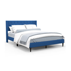 Queen Size Upholstered Platform Bed with Button Tufted Wingback Headboard-Blue