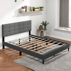 Queen Size Upholstered Platform Bed with Button Tufted Headboard-Gray