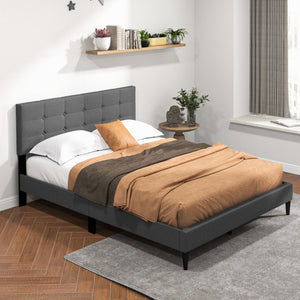 Queen Size Upholstered Platform Bed with Button Tufted Headboard-Gray
