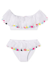 white draped bikini with petals & pom poms for girls by Stella Cove