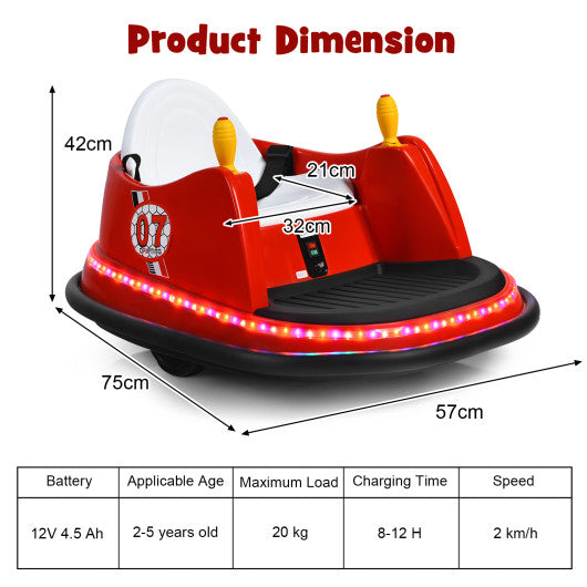 12V Electric Kids Ride On Bumper Car with Flashing Lights for Toddlers-Red
