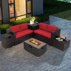 6 Pieces Outdoor Wicker Furniture Set with 32 Inch Propane Fire Pit Table-Red