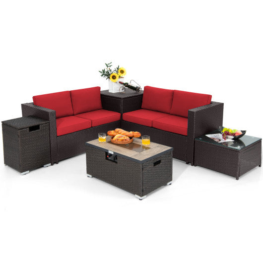6 Pieces Outdoor Wicker Furniture Set with 32 Inch Propane Fire Pit Table-Red