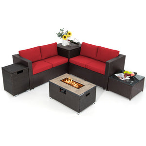 6 Pieces Outdoor Wicker Furniture Set with 32 Inch Propane Fire Pit Table-Red