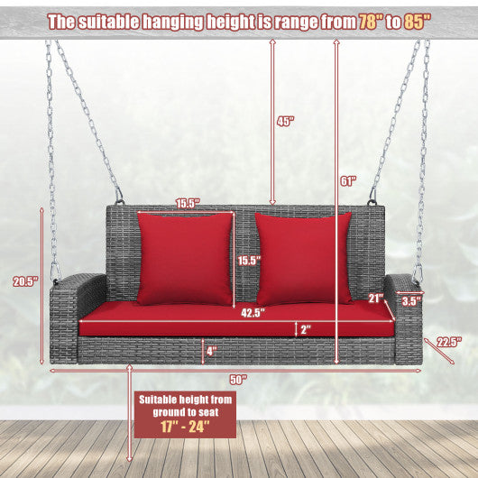 2-Person Patio PE Wicker Hanging Porch Swing Bench Chair Cushion 800 Pounds-Red