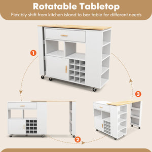 Reversible Folding Kitchen Island Cart with Wine Rack and Spice Rack