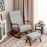 Rocking Chair with Ottoman and Solid Rubber Wood Frame and Padded Cushion-Gray