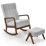 Rocking Chair with Ottoman and Solid Rubber Wood Frame and Padded Cushion-Gray