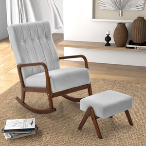 Rocking Chair with Ottoman and Solid Rubber Wood Frame and Padded Cushion-Gray