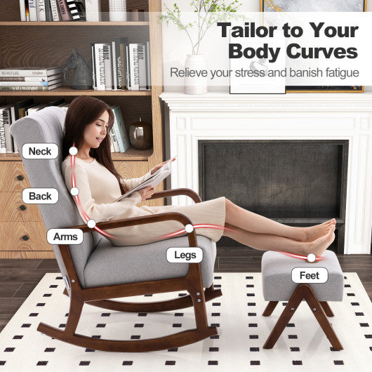 Rocking Chair with Ottoman and Solid Rubber Wood Frame and Padded Cushion-Gray