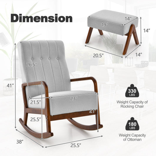 Rocking Chair with Ottoman and Solid Rubber Wood Frame and Padded Cushion-Gray
