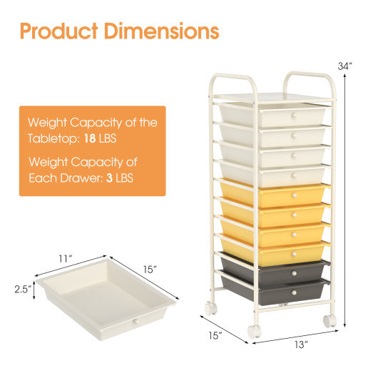 10 Drawer Rolling Storage Cart Organizer-Yellow