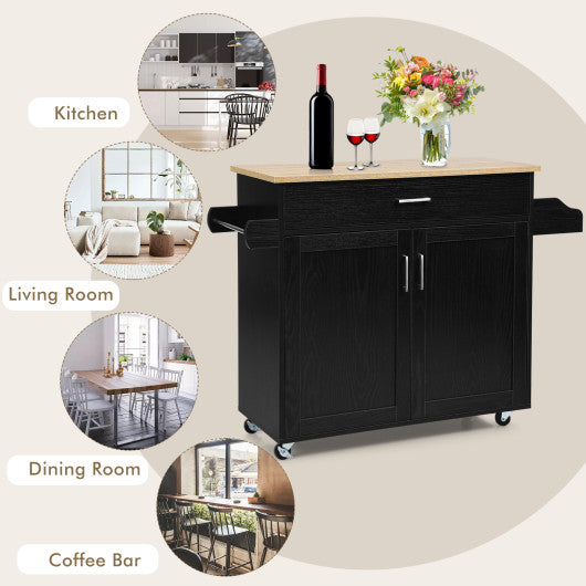Rolling Kitchen Island Cart with Towel and Spice Rack-Black