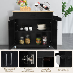Rolling Kitchen Island Cart with Towel and Spice Rack-Black