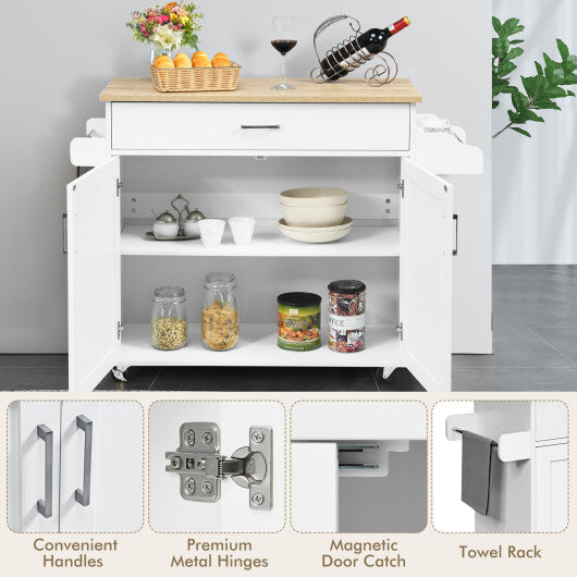Rolling Kitchen Island Cart with Towel and Spice Rack-White
