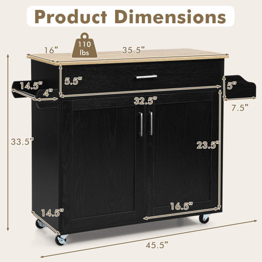 Rolling Kitchen Island Cart with Towel and Spice Rack-Black