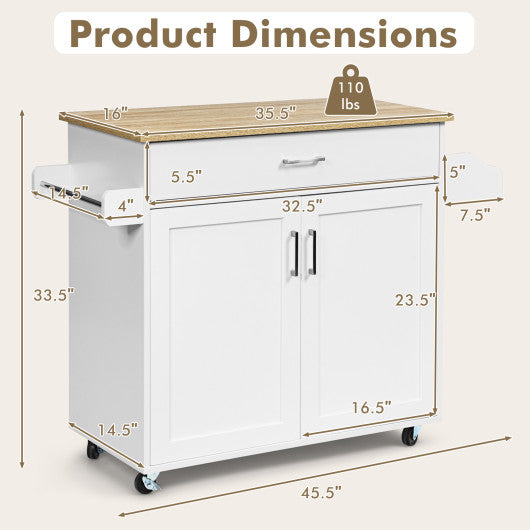 Rolling Kitchen Island Cart with Towel and Spice Rack-White