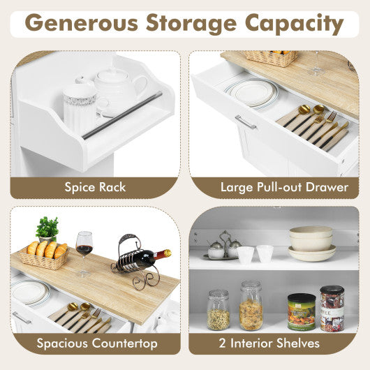 Rolling Kitchen Island Cart with Towel and Spice Rack-White