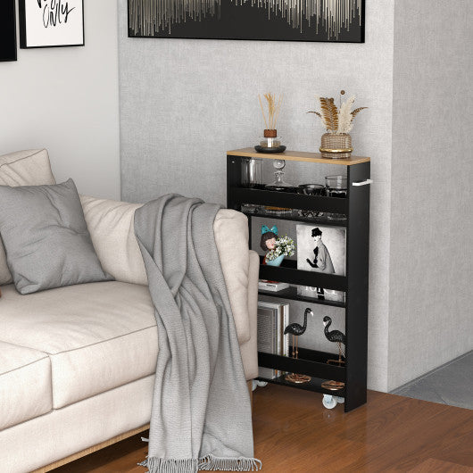 Rolling Kitchen Slim Storage Cart Mobile Shelving Organizer with Handle-Black