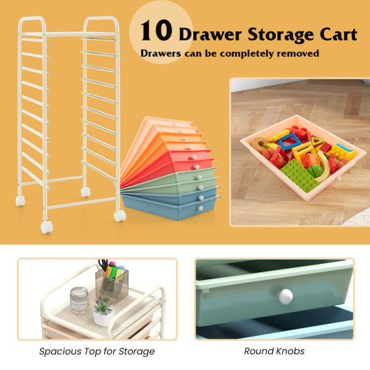 10 Drawer Rolling Storage Cart Organizer with 4 Universal Casters-Macaron Multicolor