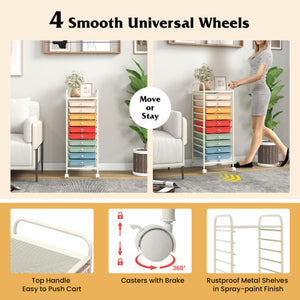 10 Drawer Rolling Storage Cart Organizer with 4 Universal Casters-Macaron Multicolor