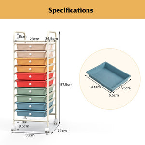 10 Drawer Rolling Storage Cart Organizer with 4 Universal Casters-Macaron Multicolor
