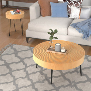 Set of 2 Solid Wood Farmhouse Round Coffee Tables-Ring Pattern